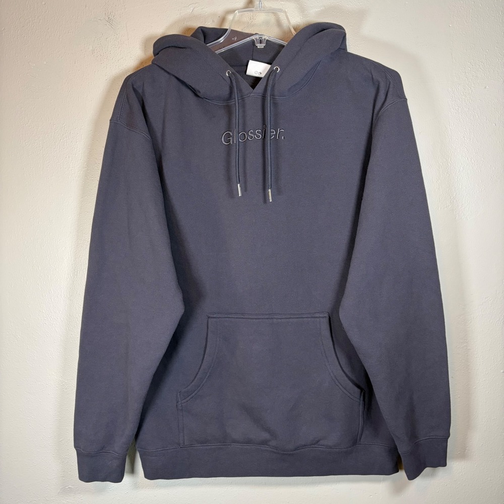 Glossier Hoodie Slate Gray Charcoal Logo Embroidered Pullover Sweatshirt Large